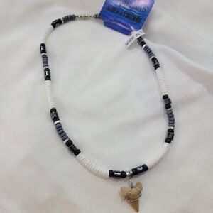 Black and White Beaded Necklace With Shark Tooth